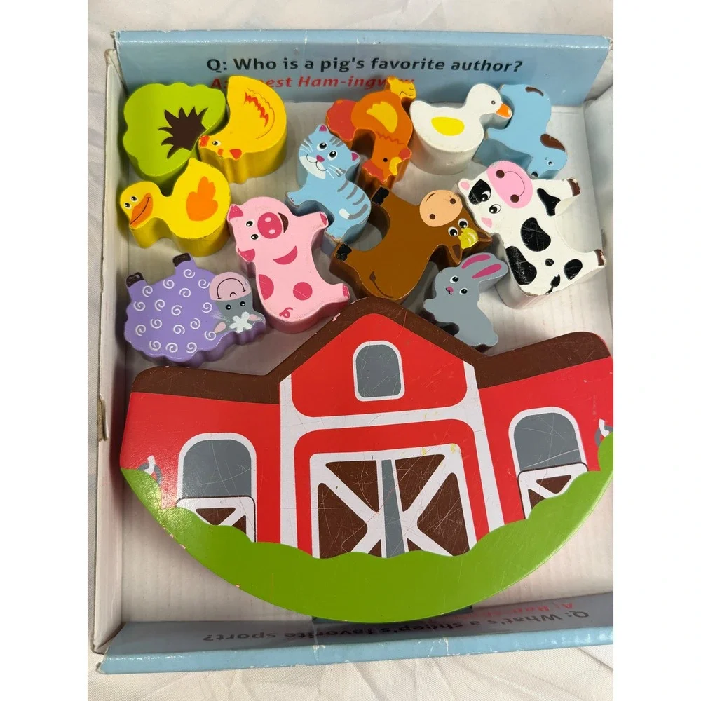Imagination Generation Balancing Barnyard Wooden Stacking Game 13pc Farm Animals